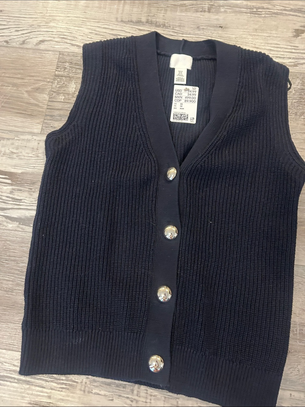 H&M, Sleeveless Knit Button-Front Vest in Navy, XS